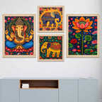 Ganesha & Elephant Indian Folk Devotional Wall Frame Set of Four