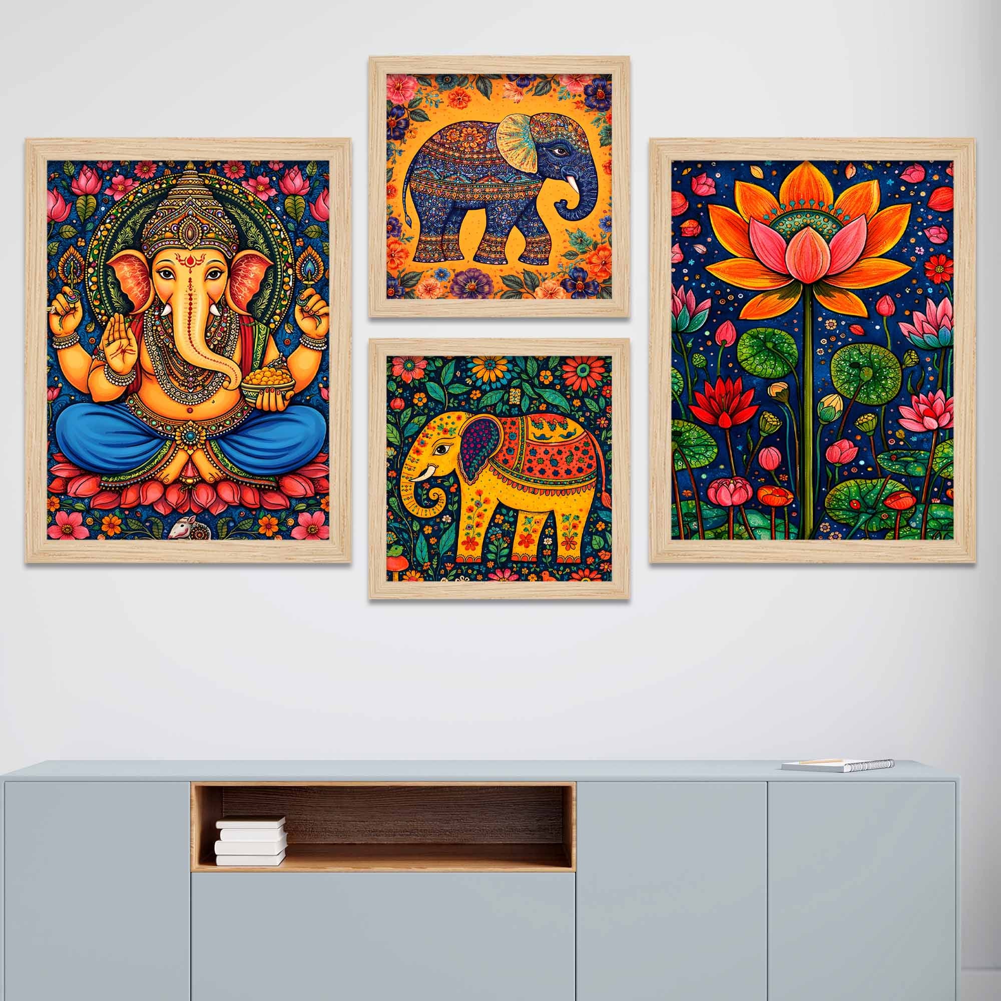Ganesha & Elephant Indian Folk Devotional Wall Frame Set of Four