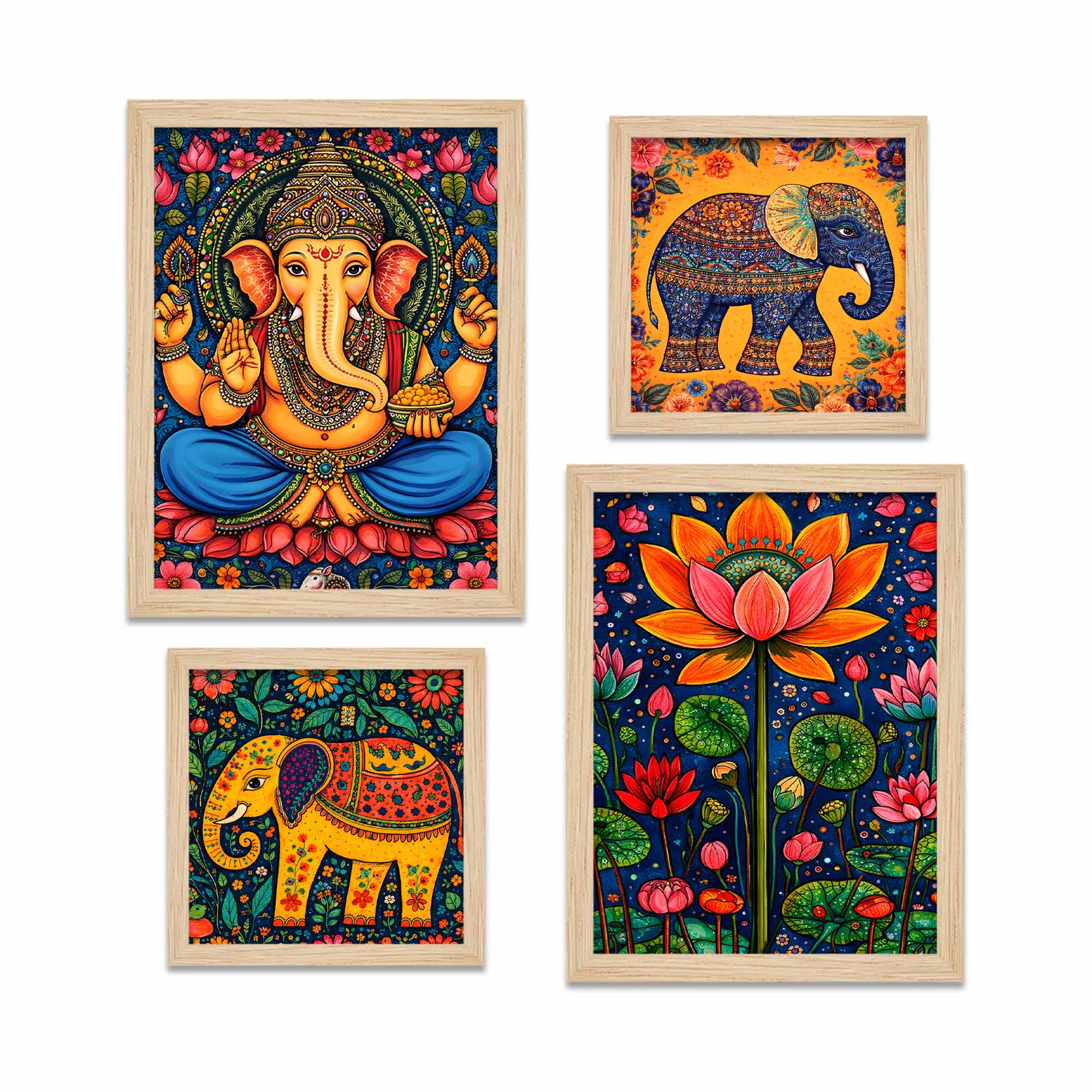 Ganesha & Elephant Indian Folk Devotional Wall Frame Set of Four