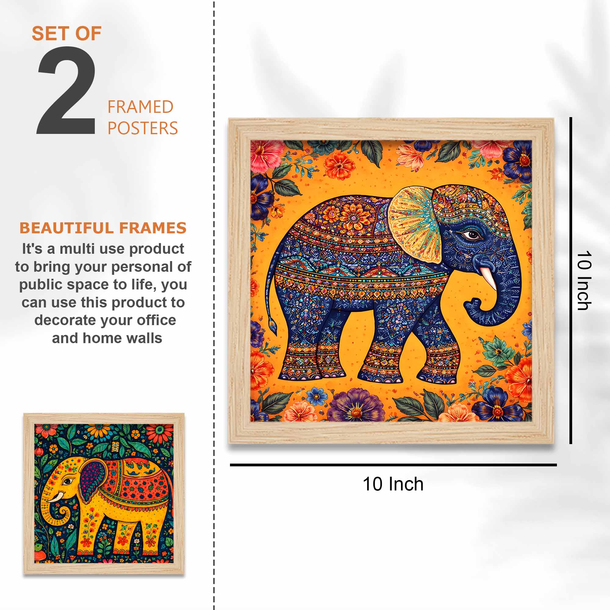 Ganesha & Elephant Indian Folk Devotional Wall Frame Set of Four