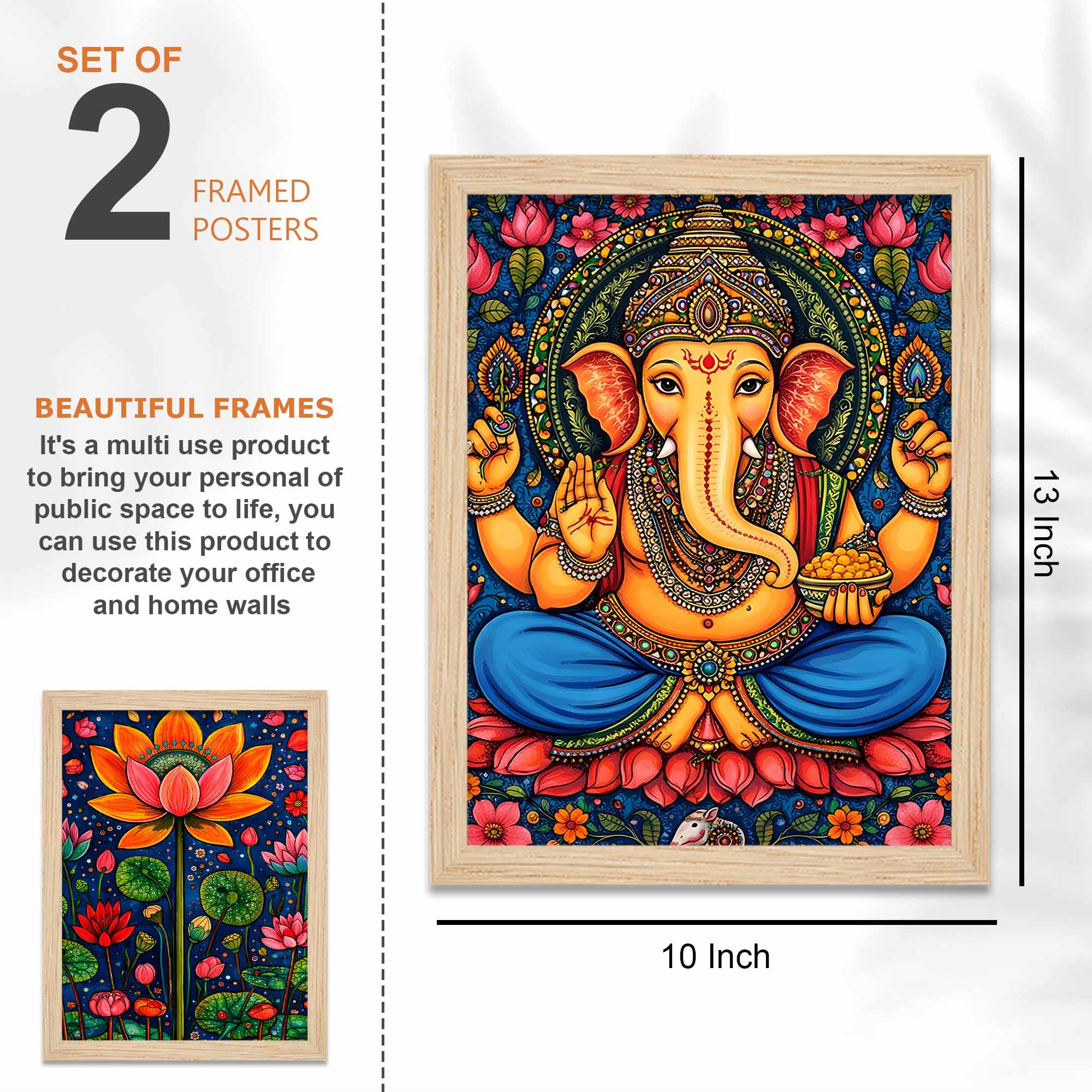 Ganesha & Elephant Indian Folk Devotional Wall Frame Set of Four