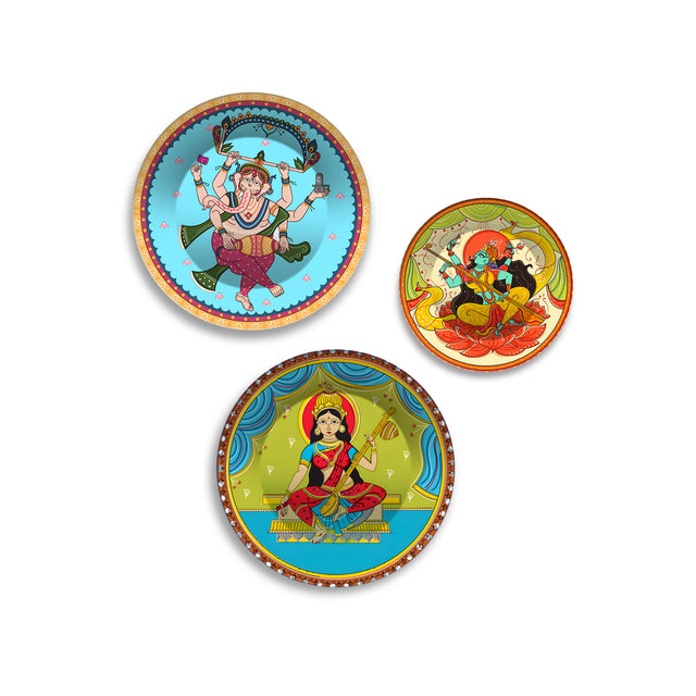 Ganesha Lakshmi & Durga Premium Wall Plates Painting Set of 3