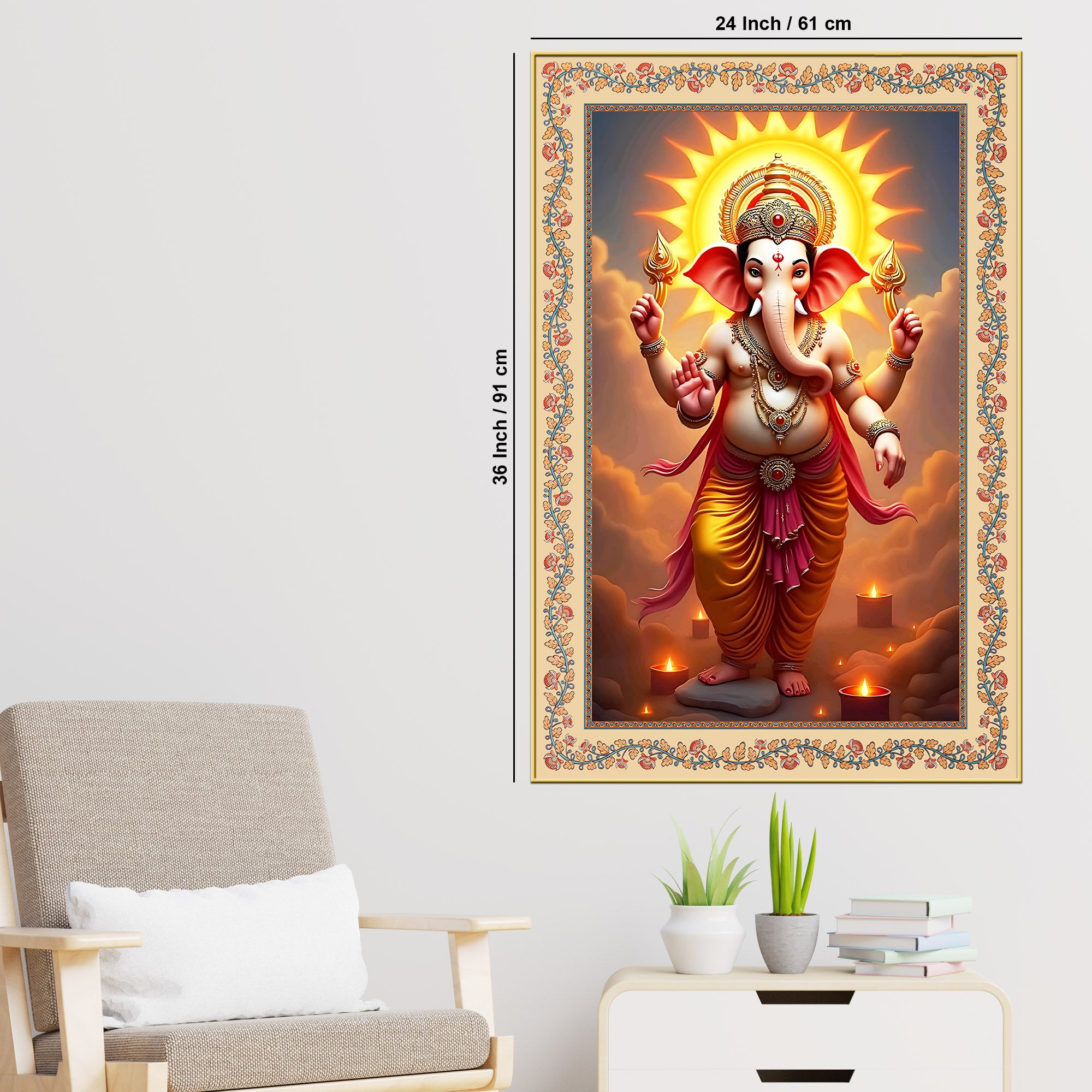Ganesha with Sun Floral Border Vertical Canvas Wall Painting