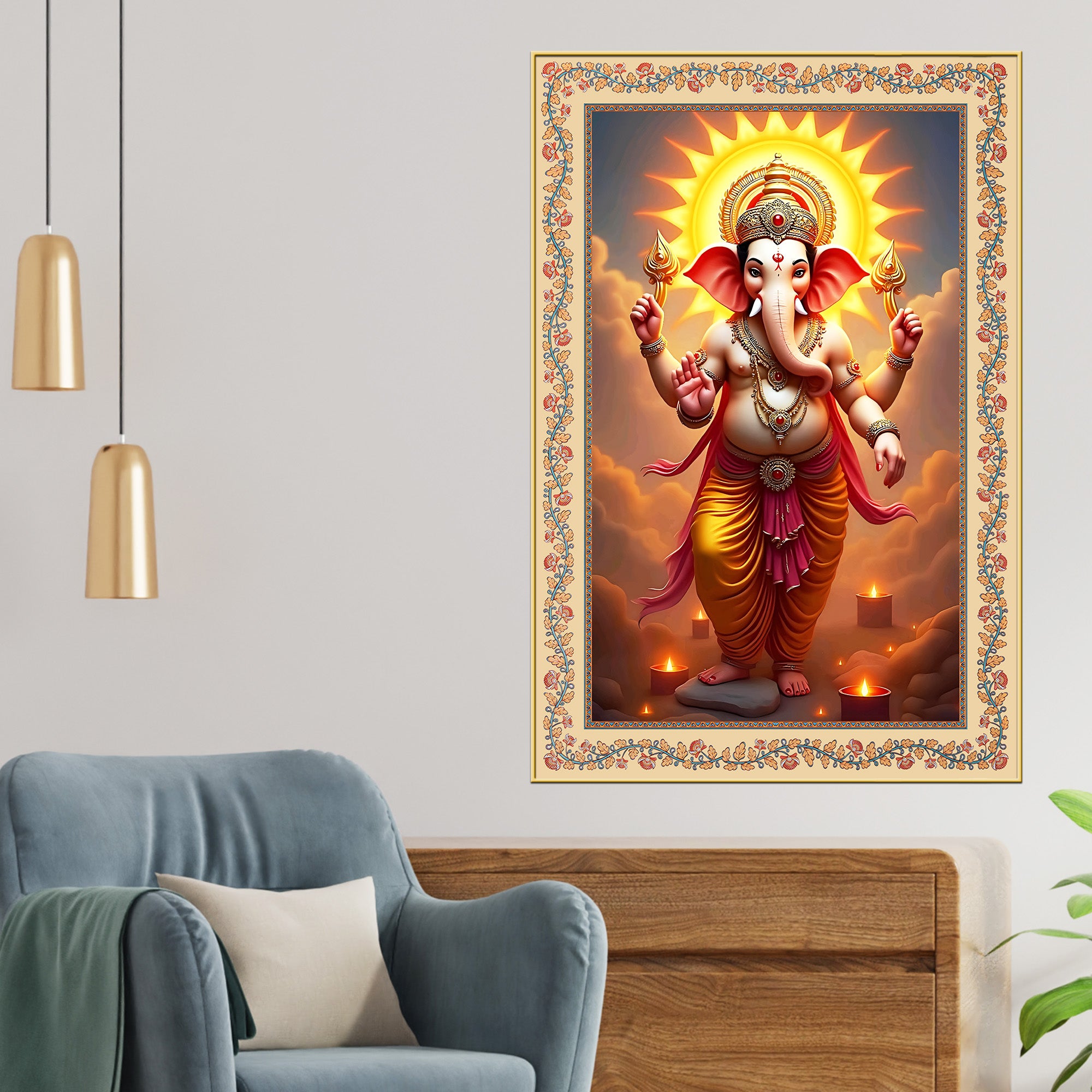 Ganesha with Sun Floral Border Vertical Canvas Wall Painting