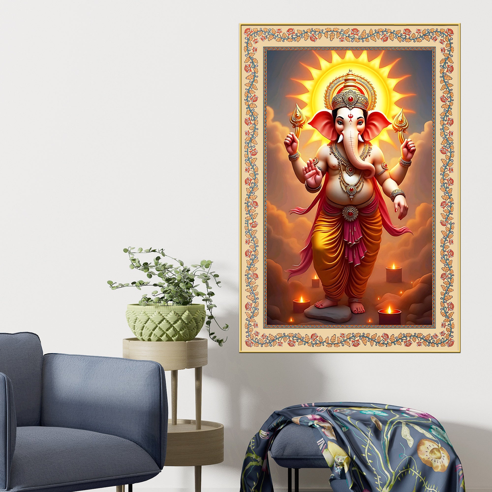Ganesha with Sun Floral Border Vertical Canvas Wall Painting