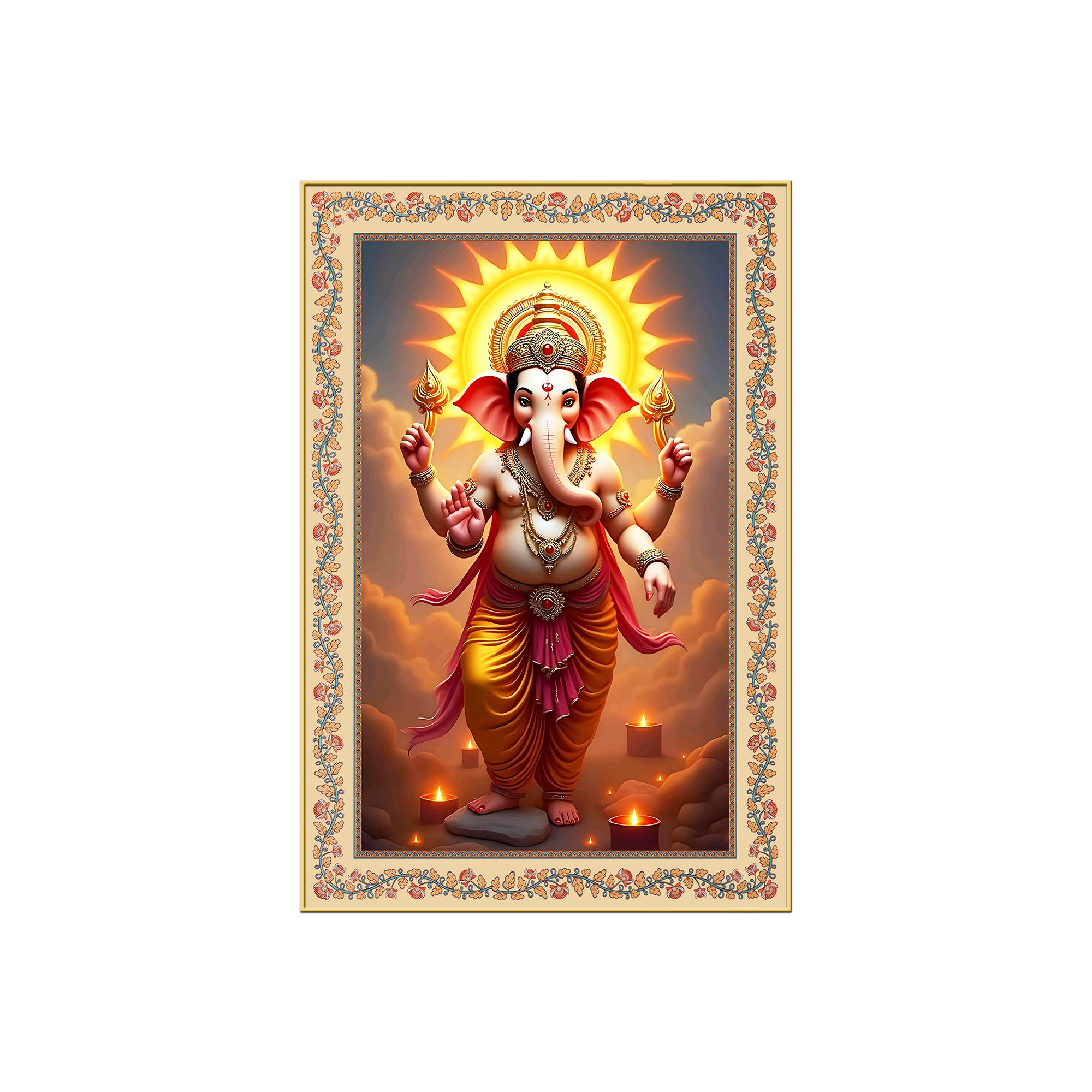 Ganesha with Sun Floral Border Vertical Canvas Wall Painting