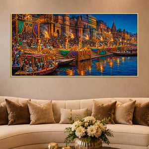 Ganga Aarti Festival Canvas Painting for Home and Office Wall Decor