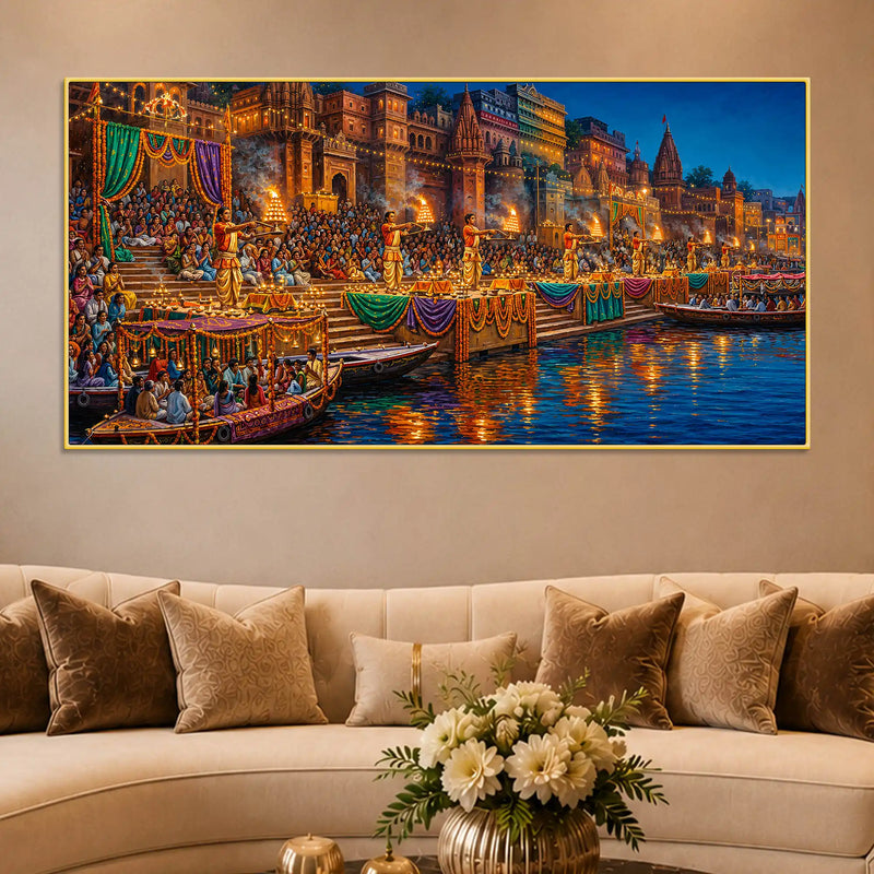 Ganga Aarti Festival Canvas Painting for Home and Office Wall Decor