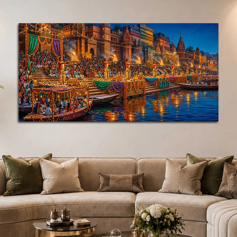 Ganga Aarti Festival Canvas Painting for Home and Office Wall Decor