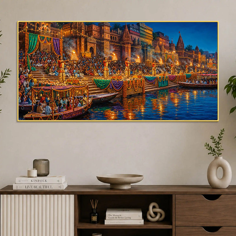 Ganga Aarti Festival Canvas Painting for Home and Office Wall Decor