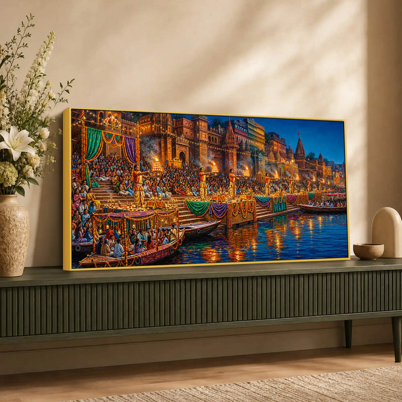 Ganga Aarti Festival Canvas Painting for Home and Office Wall Decor