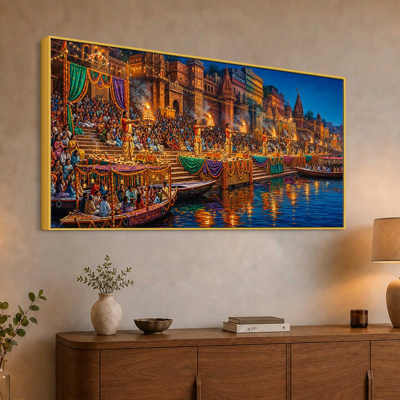 Ganga Aarti Festival Canvas Painting for Home and Office Wall Decor
