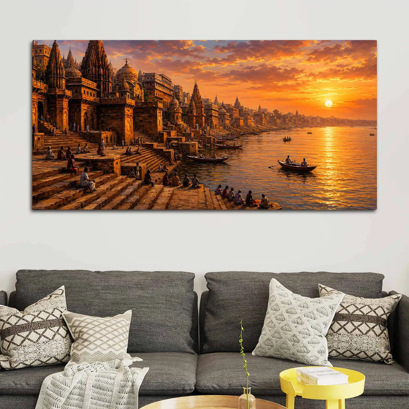 Ganga River and Temple Ghats Canvas Wall Art Painting