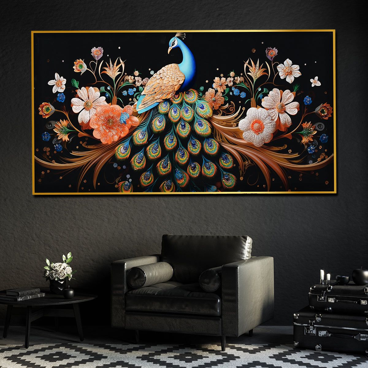 Garden of Peacock Beauty Framed Crystal Glass Painting