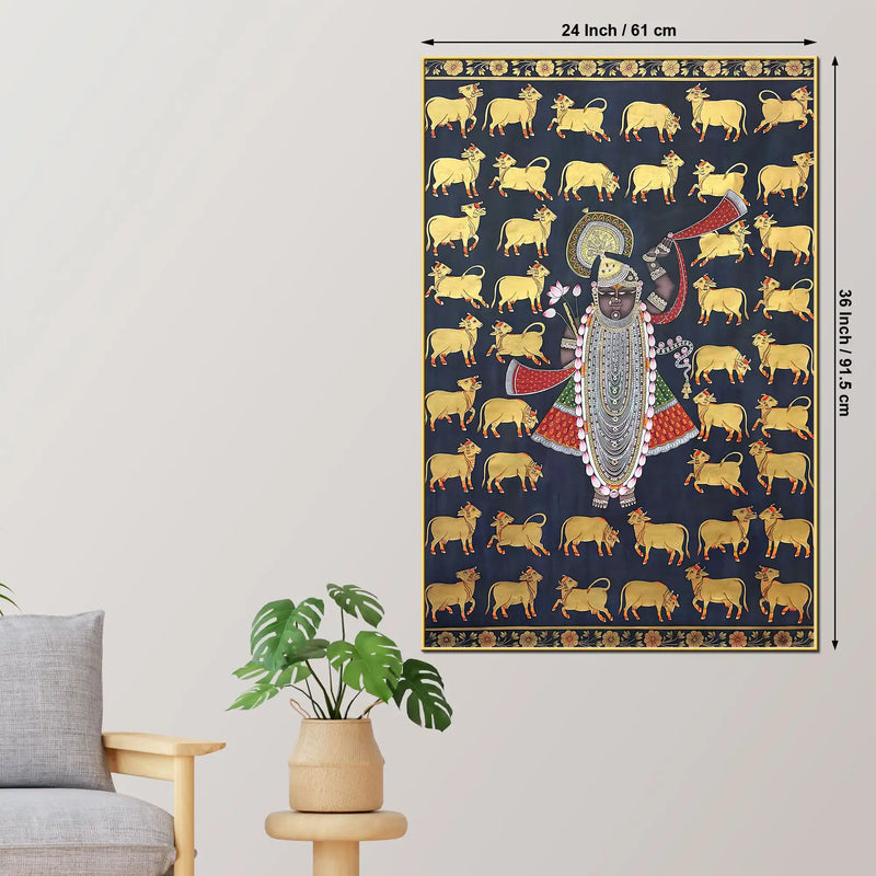 Gau Mata and Shrinathji’s Eternal Blessings Pichwai Canvas Wall Painting