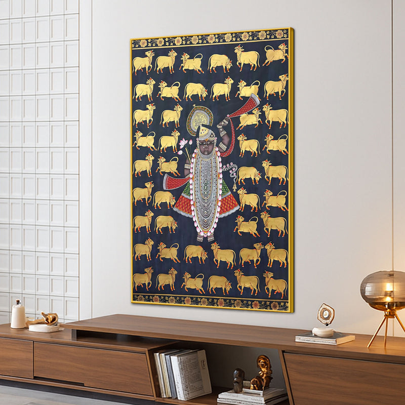 Gau Mata and Shrinathji’s Eternal Blessings Pichwai Canvas Wall Painting