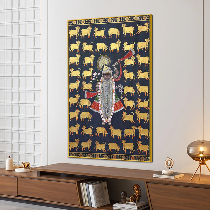 Gau Mata and Shrinathji’s Eternal Blessings Pichwai Canvas Wall Painting