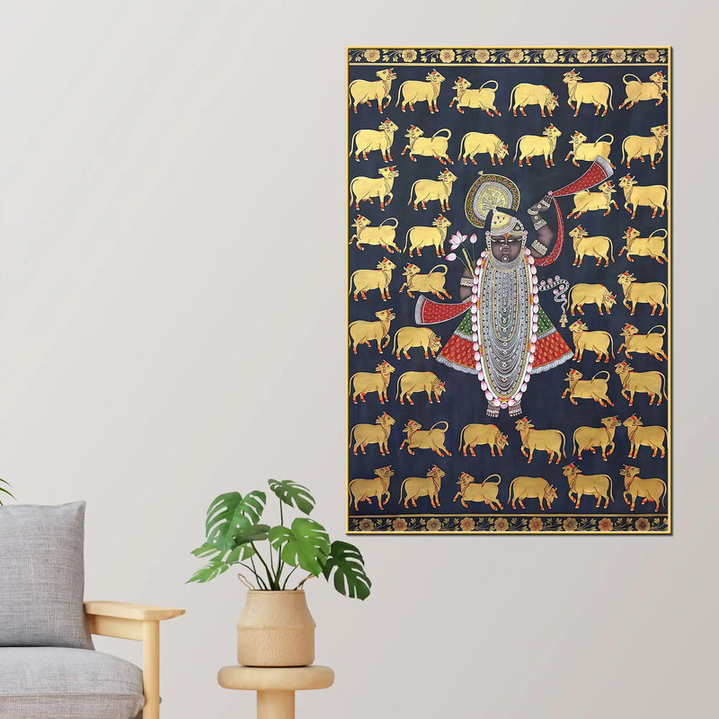 Gau Mata and Shrinathji’s Eternal Blessings Pichwai Canvas Wall Painting