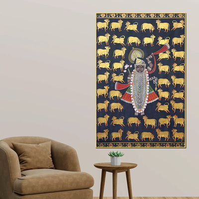 Gau Mata and Shrinathji’s Eternal Blessings Pichwai Canvas Wall Painting