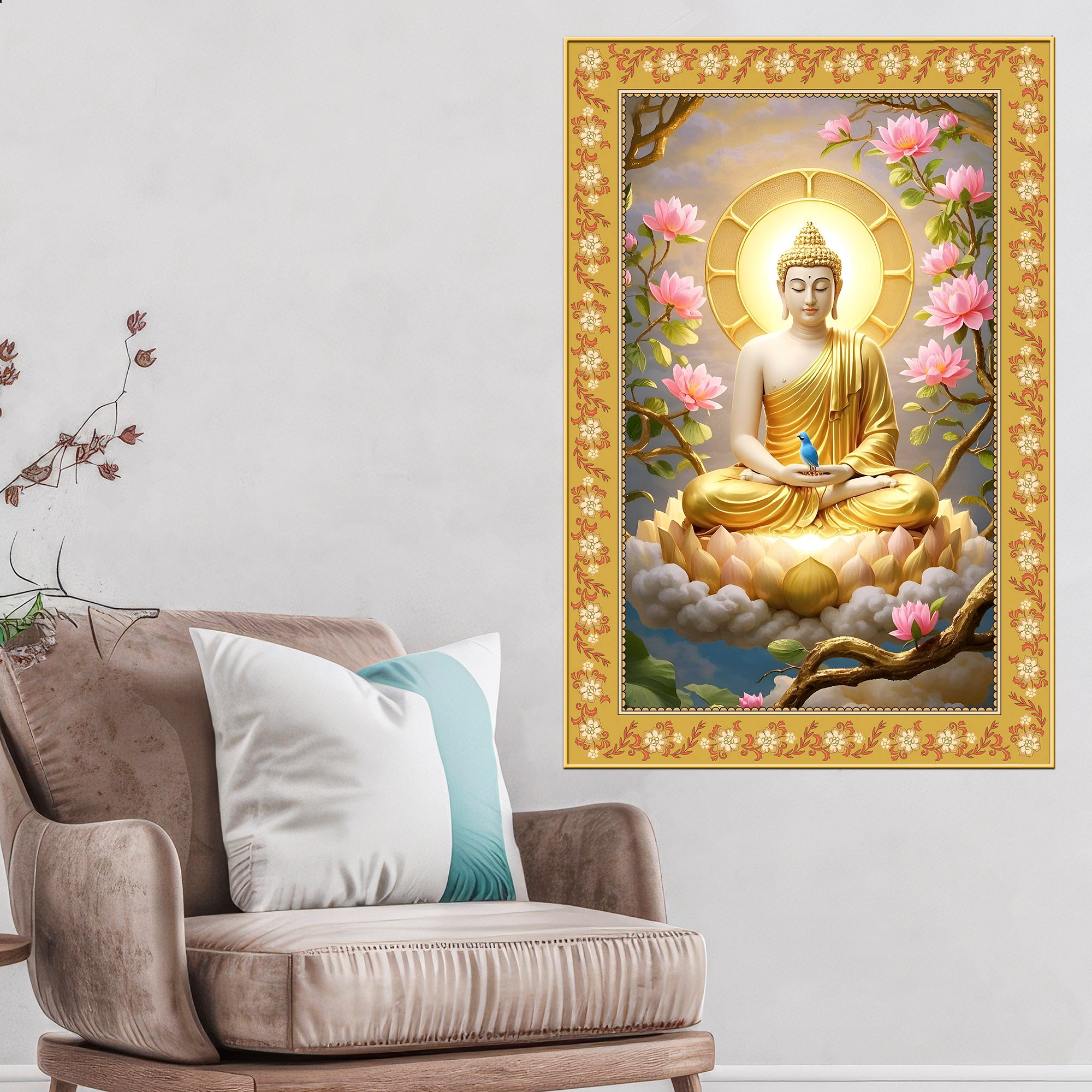 Gautam Buddha Awakened One Floral Border Vertical Wall Painting