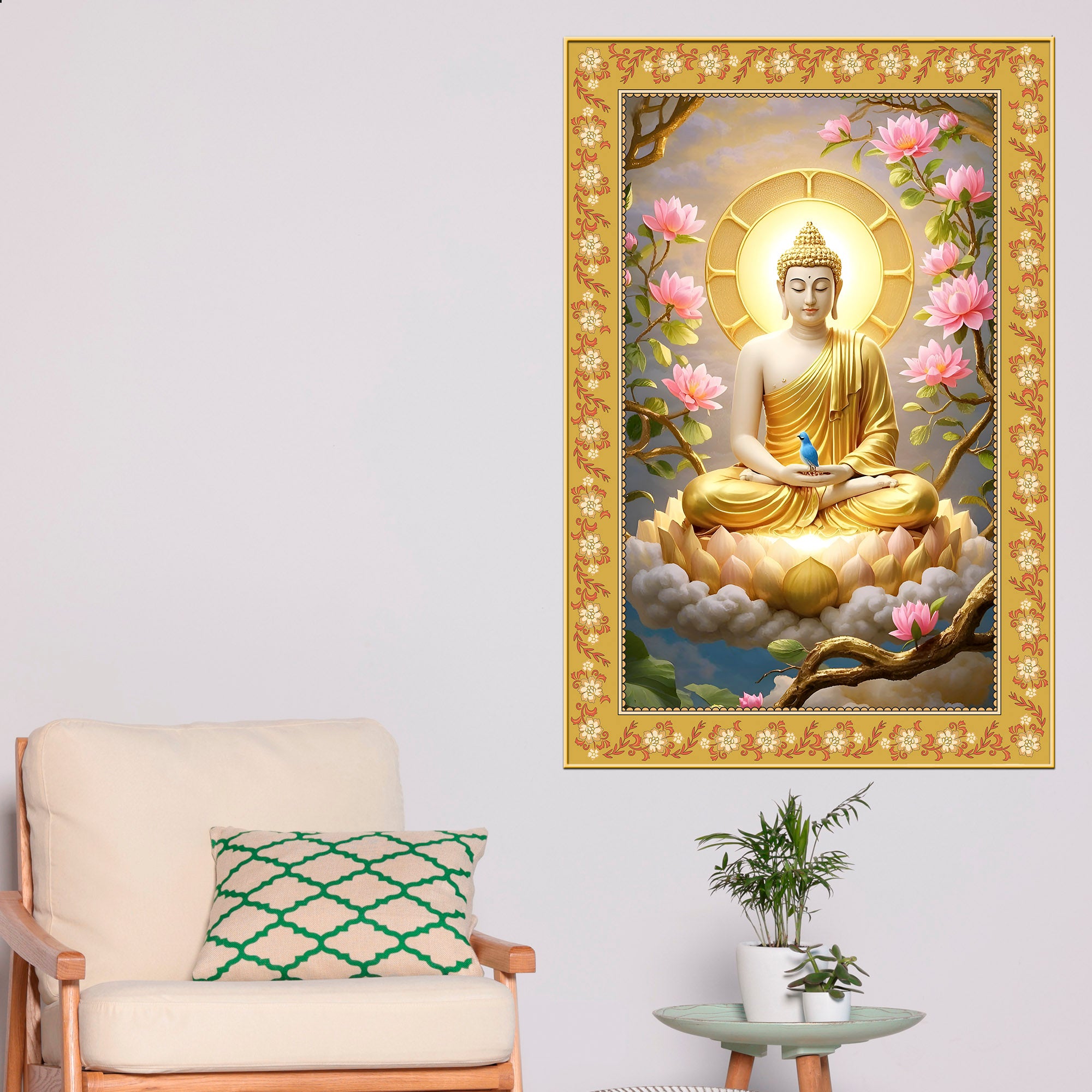 Gautam Buddha Awakened One Floral Border Vertical Wall Painting