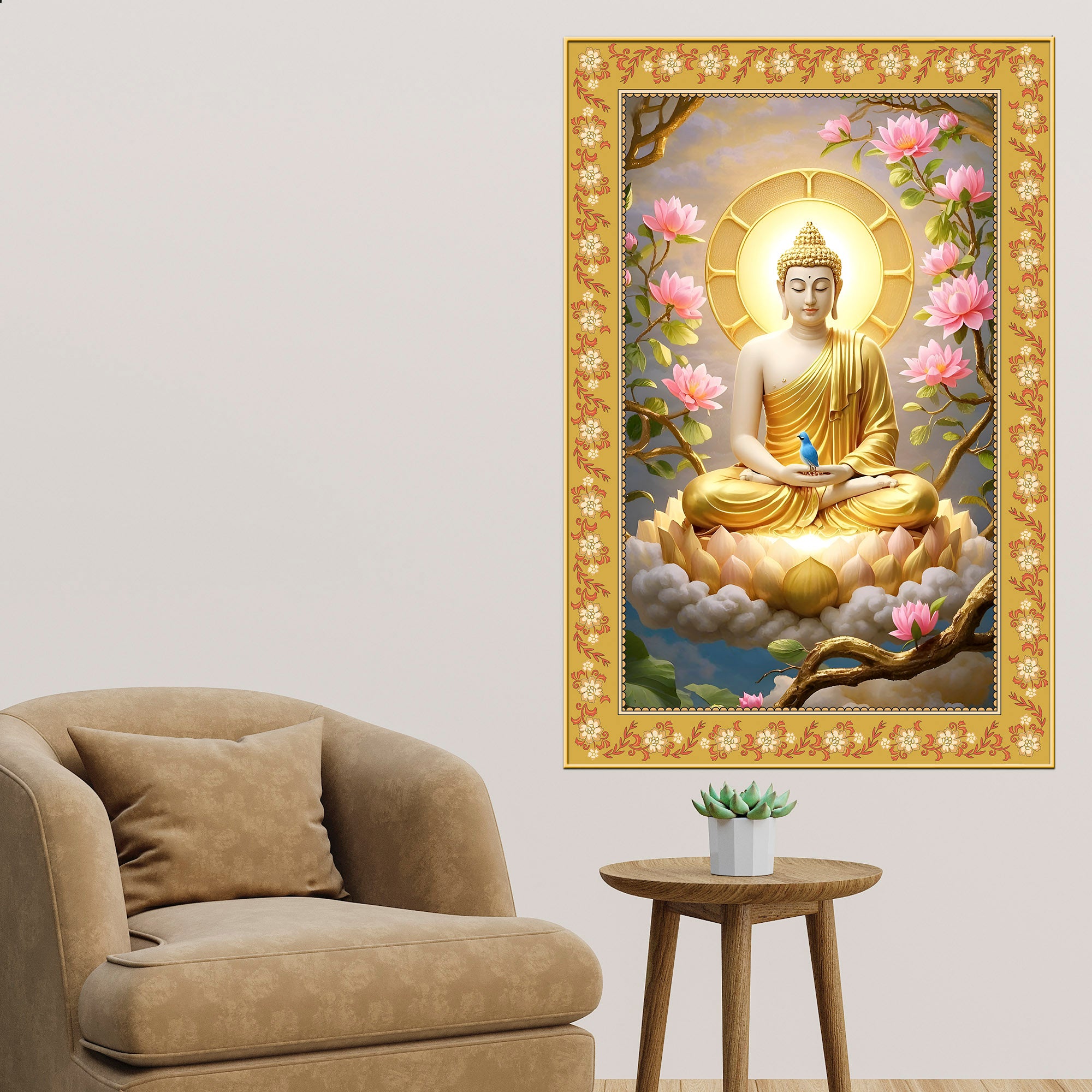 Gautam Buddha Awakened One Floral Border Vertical Wall Painting