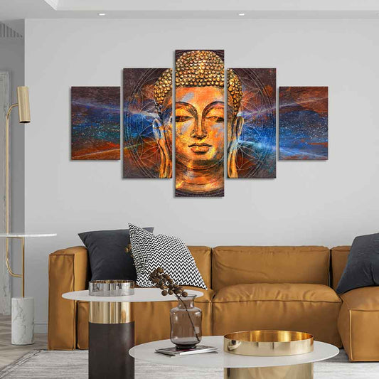 Gautam Buddha Head Canvas Wall Painting of Five Pieces