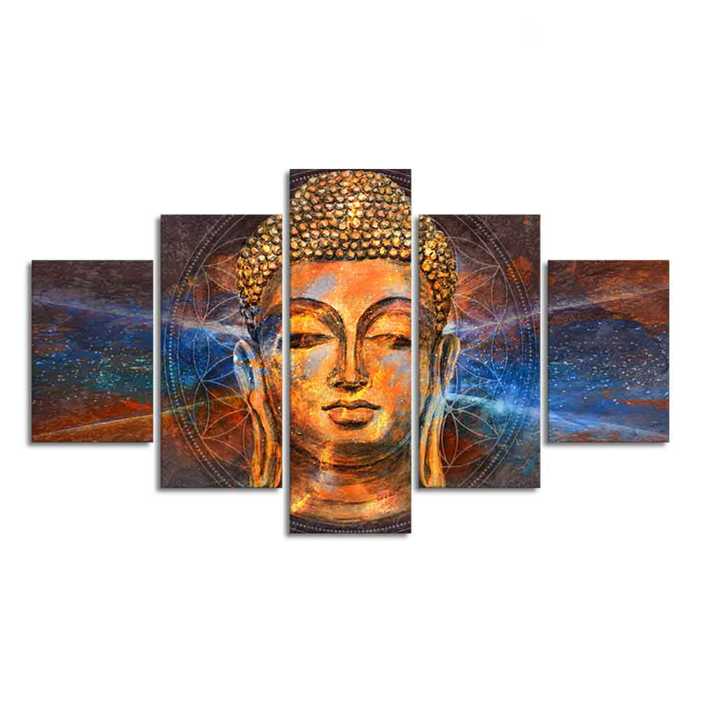 Gautam Buddha Head Canvas Wall Painting of Five Pieces