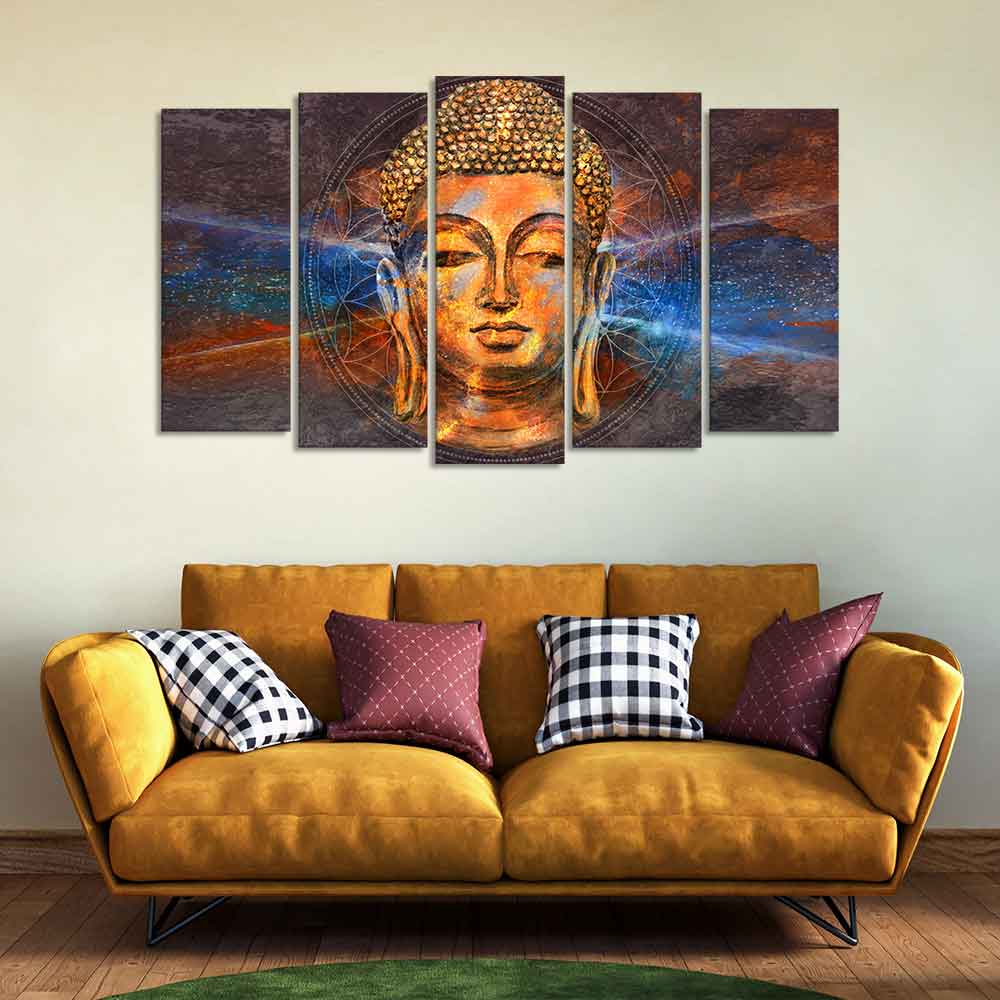 Gautam Buddha Head Canvas Wall Painting Set of Five