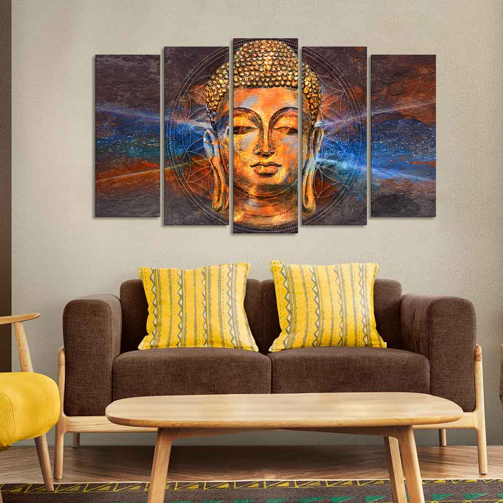 Gautam Buddha Head Canvas Wall Painting Set of Five