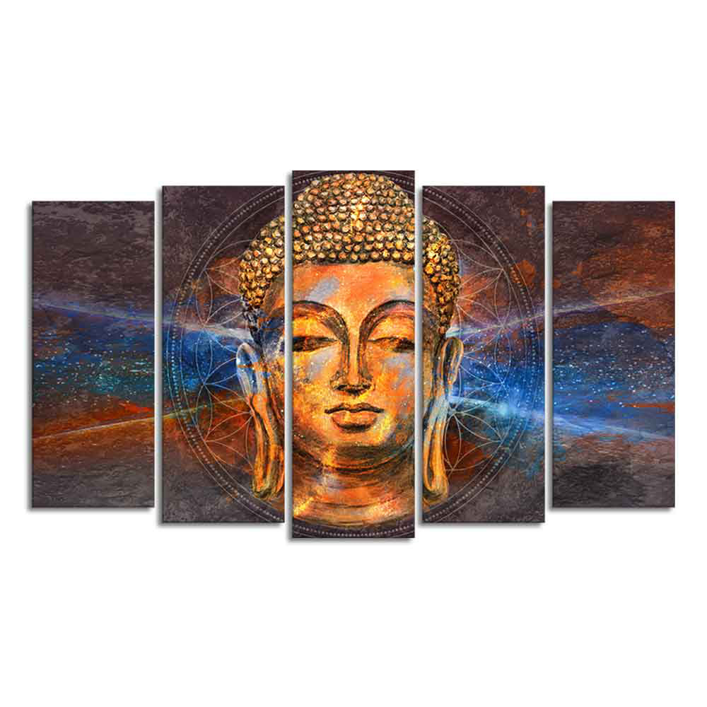 Gautam Buddha Head Canvas Wall Painting Set of Five