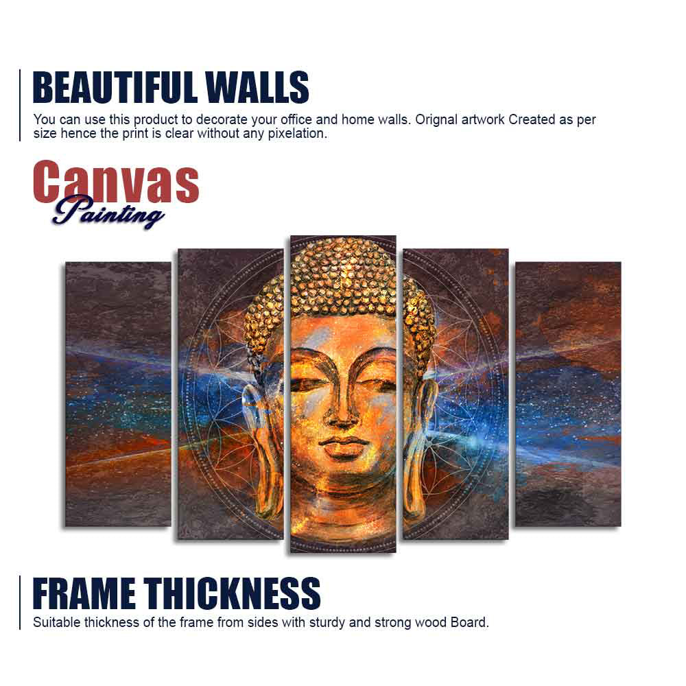 Gautam Buddha Head Canvas Wall Painting Set of Five