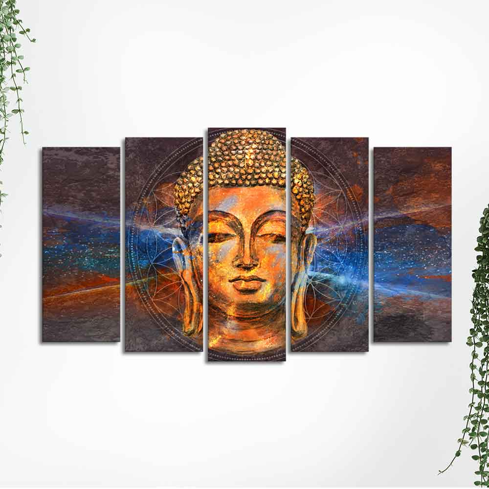 Gautam Buddha Head Canvas Wall Painting Set of Five