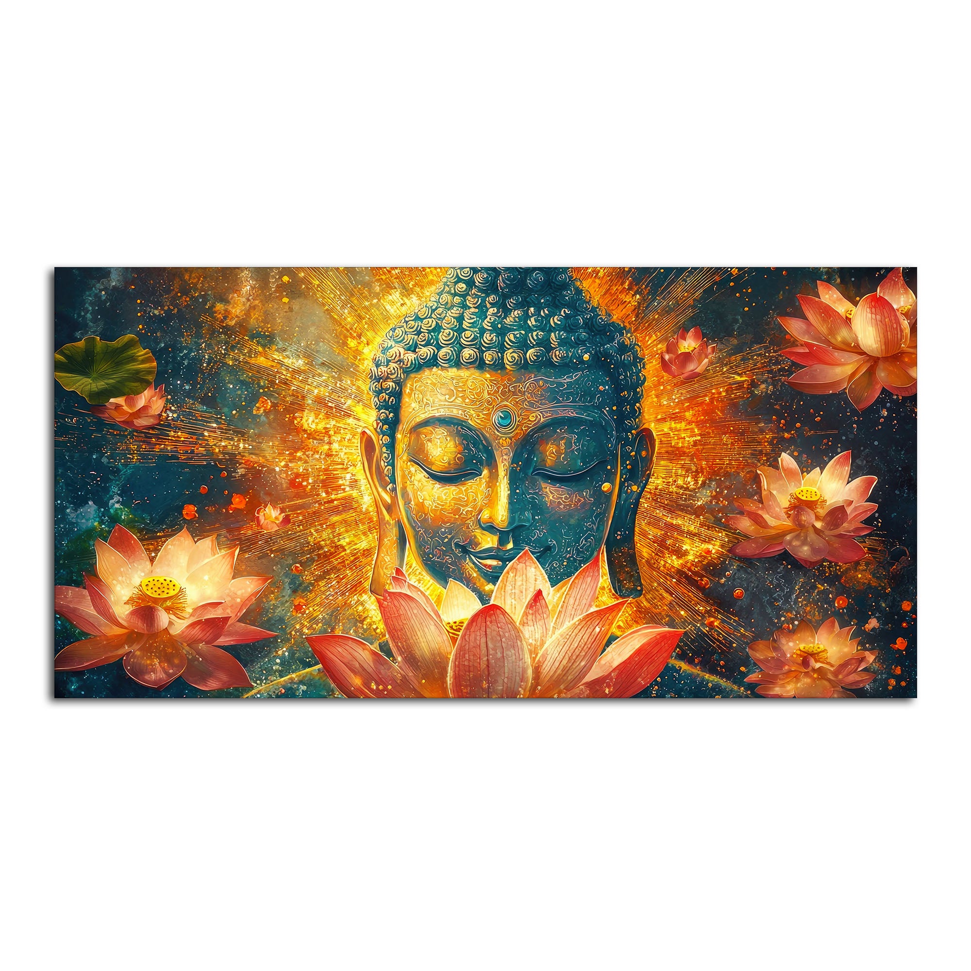 Gautam Buddha Statue with Lotus Flowers Background Canvas Wall Painting