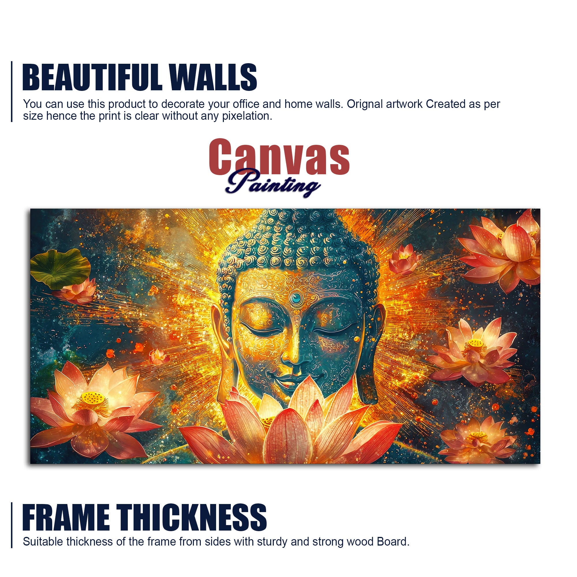 Gautam Buddha Statue with Lotus Flowers Background Canvas Wall Painting
