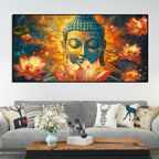 Gautam Buddha Statue with Lotus Flowers Background Canvas Wall Painting