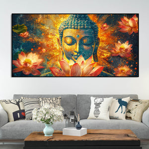 Gautam Buddha Statue with Lotus Flowers Background Canvas Wall Painting