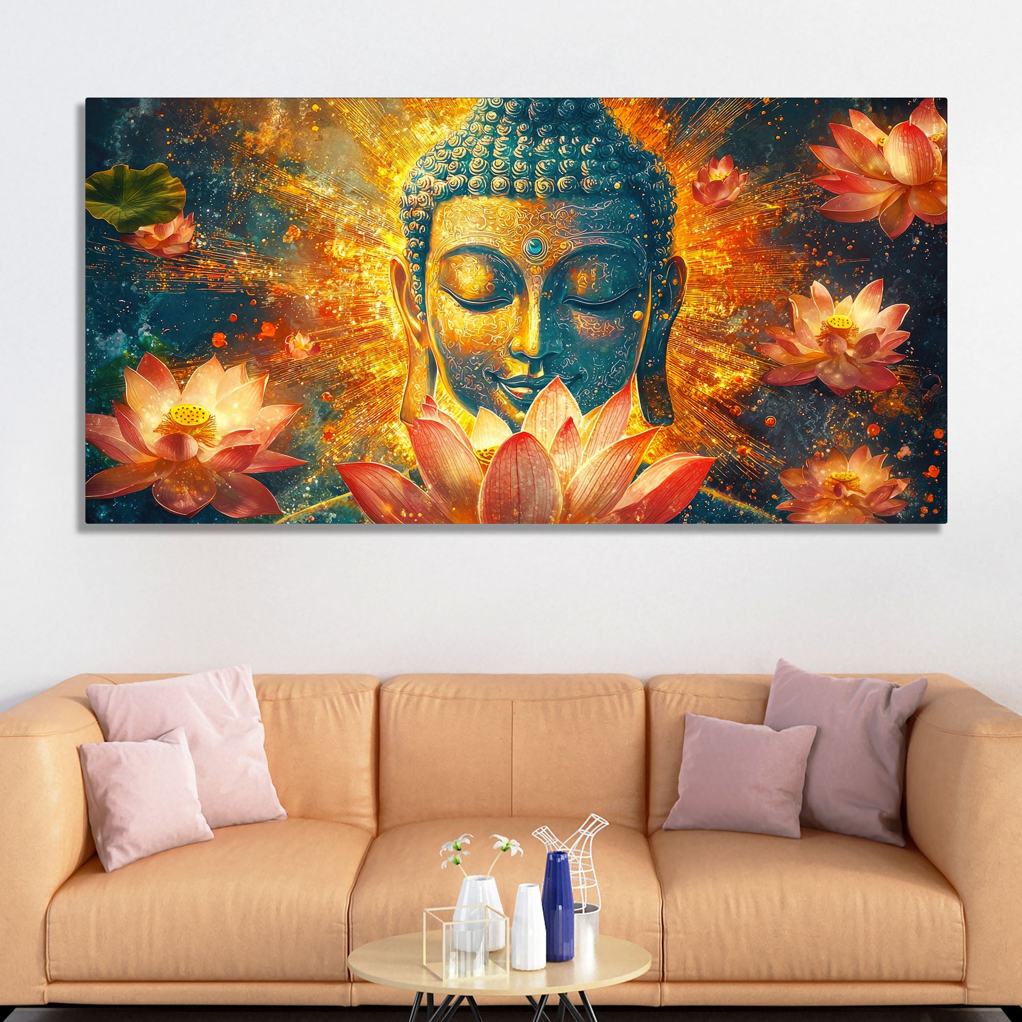 Gautam Buddha Statue with Lotus Flowers Background Canvas Wall Painting