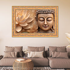 Gautam Buddha with Lotus Floral Border Canvas Wall Painting