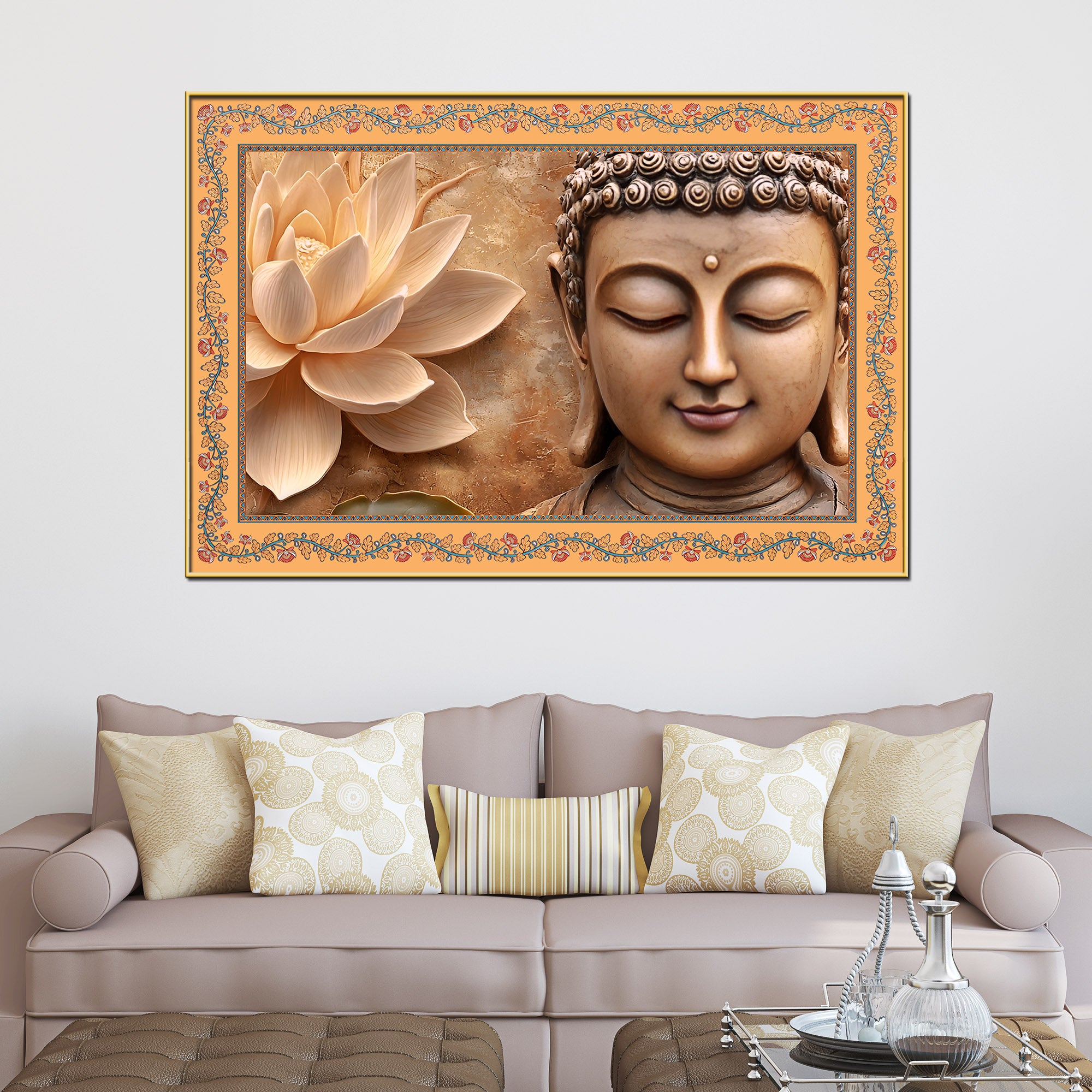 Gautam Buddha with Lotus Floral Border Canvas Wall Painting