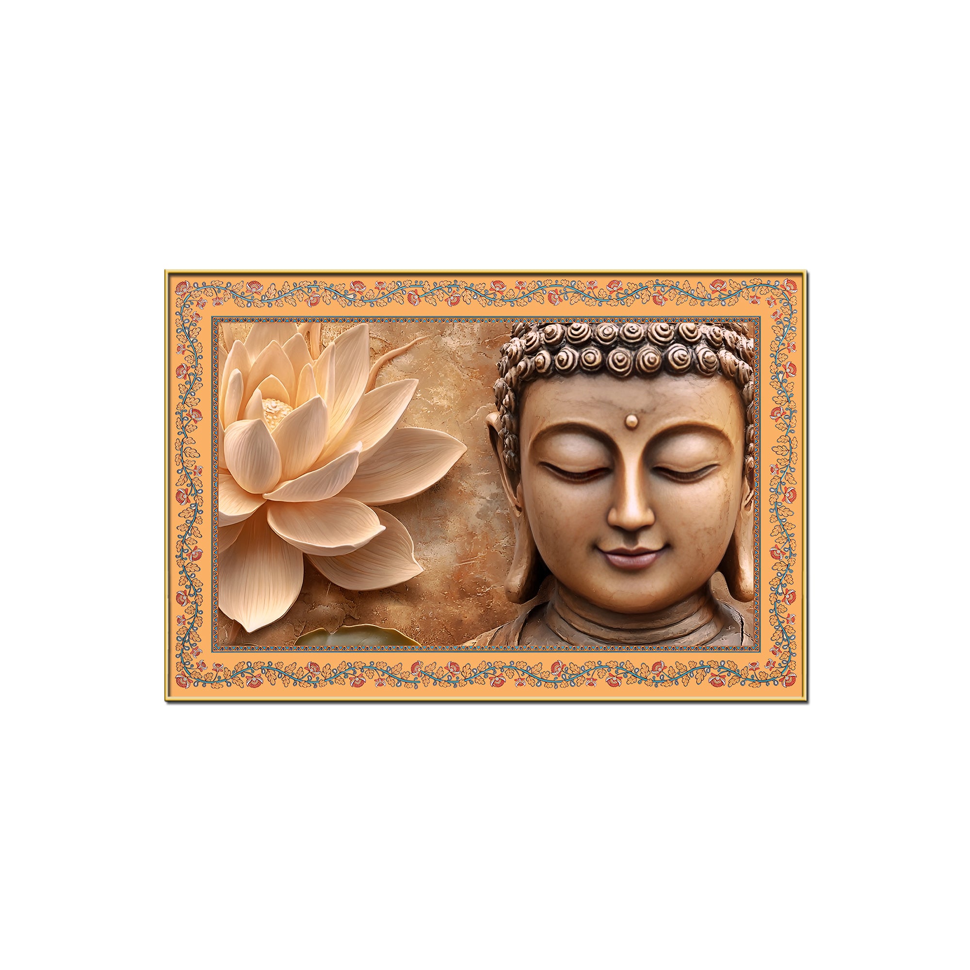 Gautam Buddha with Lotus Floral Border Canvas Wall Painting