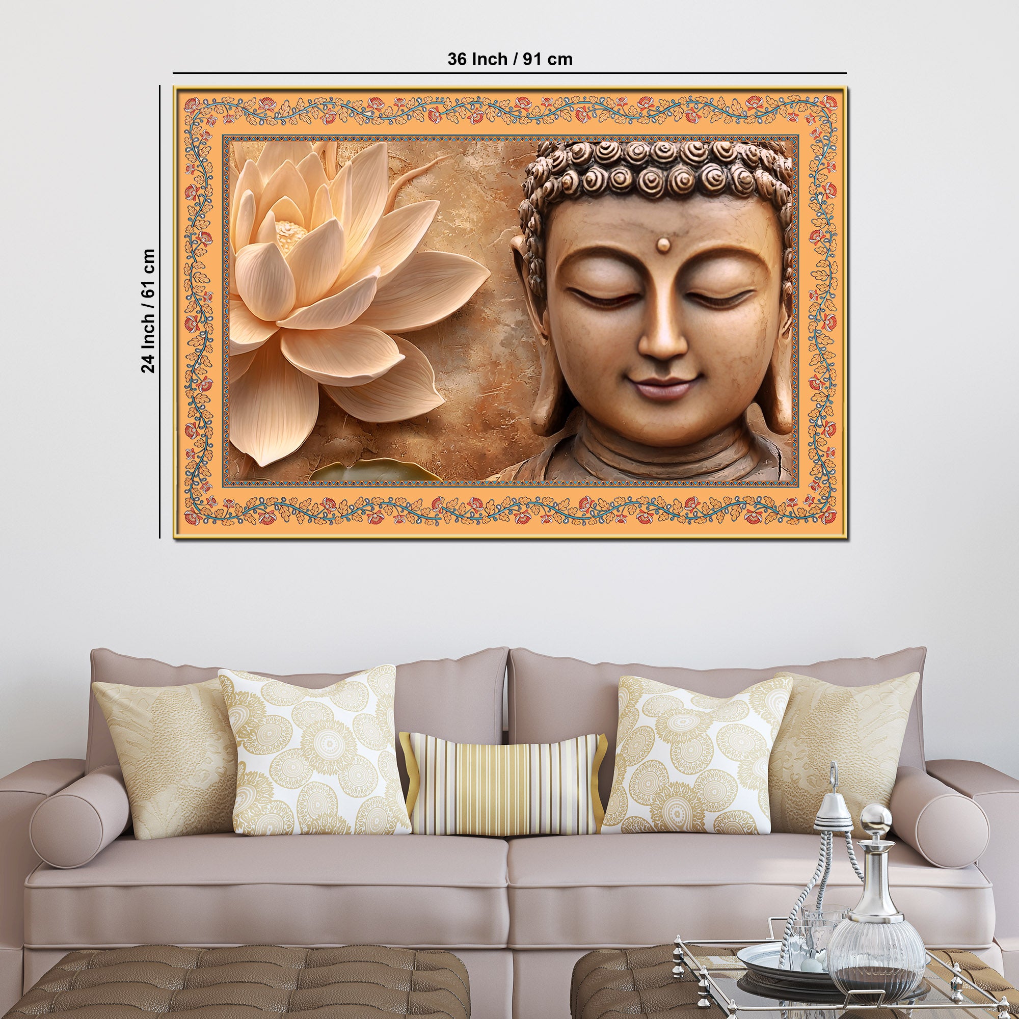 Gautam Buddha with Lotus Floral Border Canvas Wall Painting