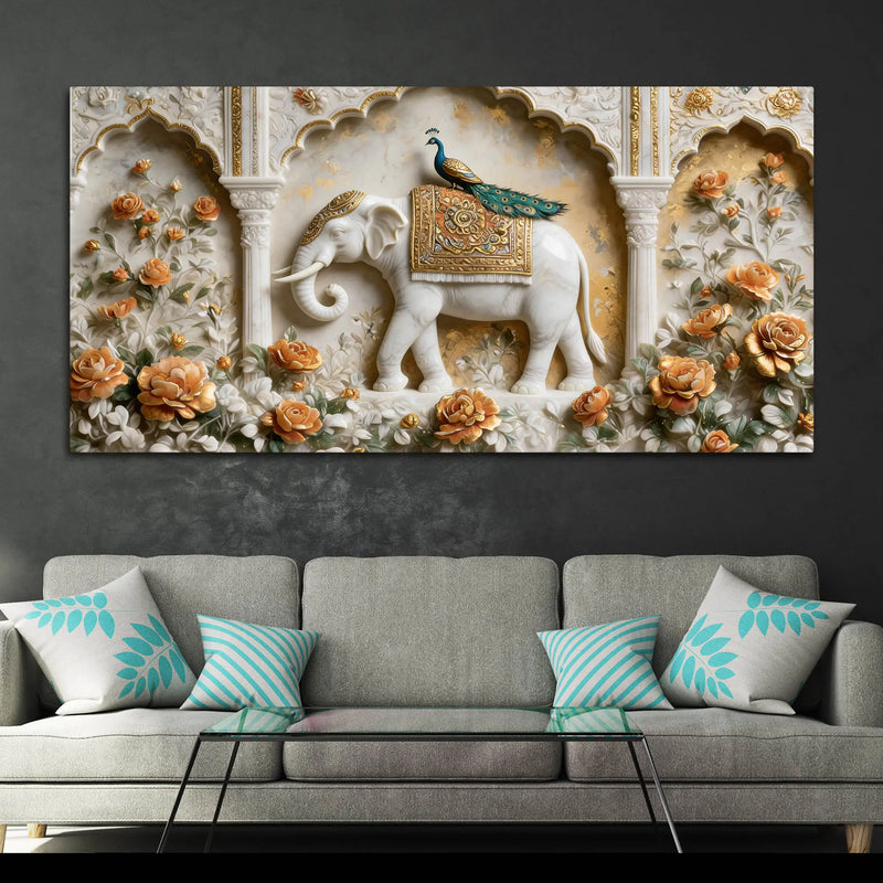 Gentle White Elephant with Peacock in Palace Garden 3D Canvas Wall Painting