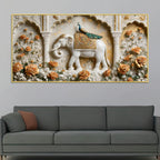 Gentle White Elephant with Peacock in Palace Garden 3D Canvas Wall Painting