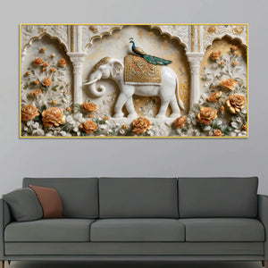 Gentle White Elephant with Peacock in Palace Garden 3D Canvas Wall Painting