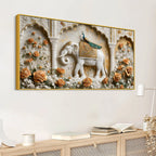 Gentle White Elephant with Peacock in Palace Garden 3D Canvas Wall Painting