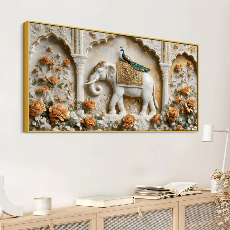 Gentle White Elephant with Peacock in Palace Garden 3D Canvas Wall Painting