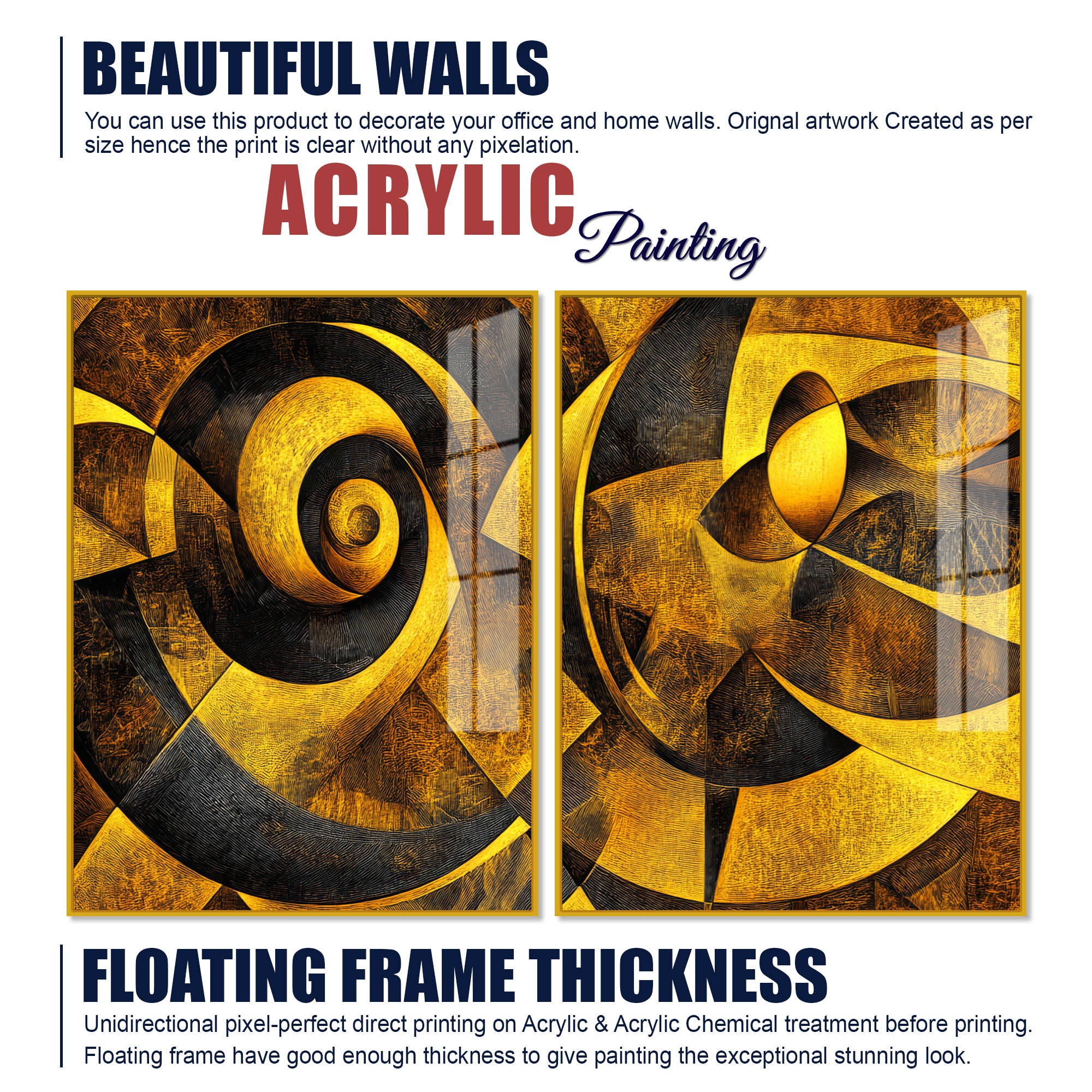 Geometric Abstract Golden Pattern Acrylic Floating Wall Painting Set of 2
