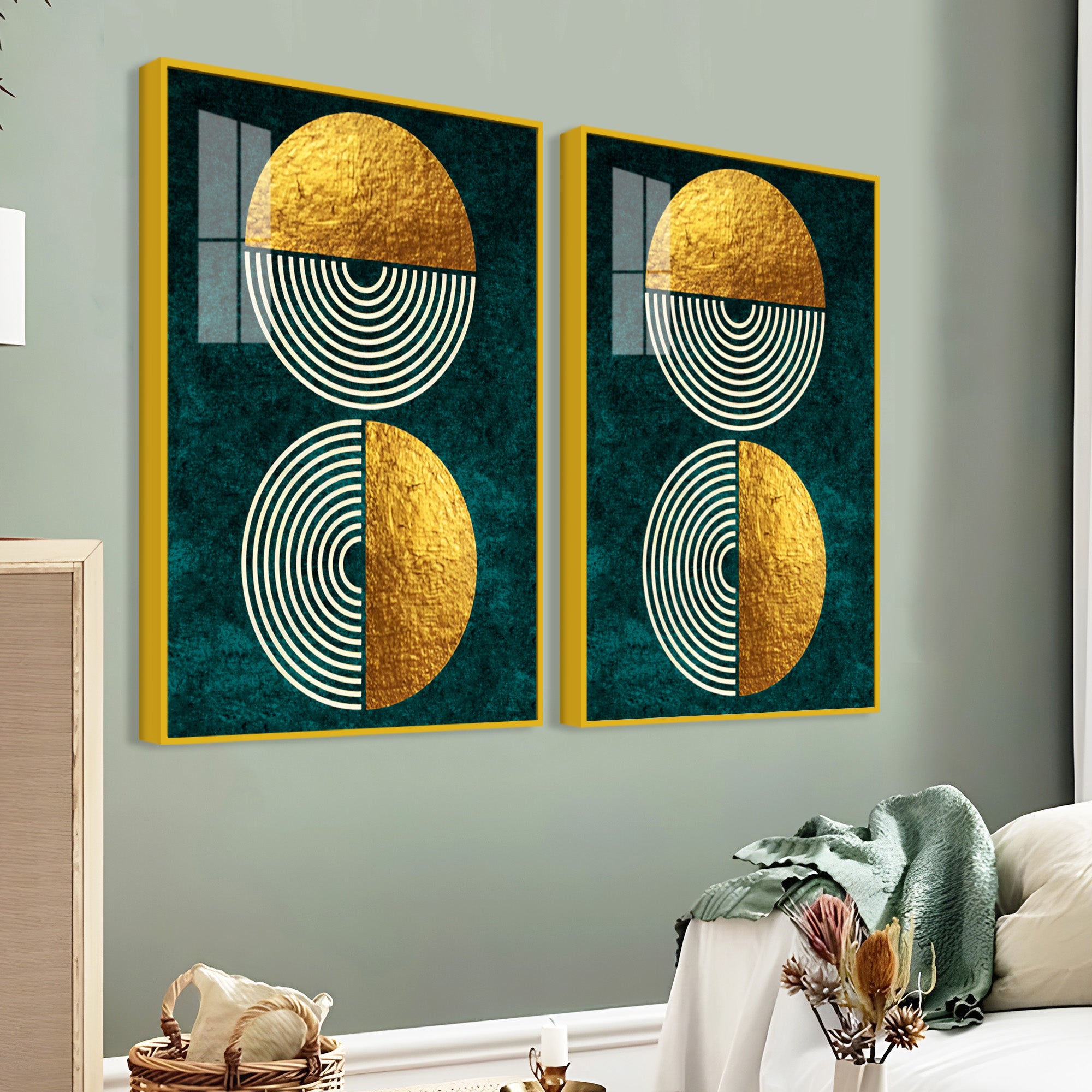 Geometric Circles Shapes Art Acrylic Floating Wall Painting Set Of 2