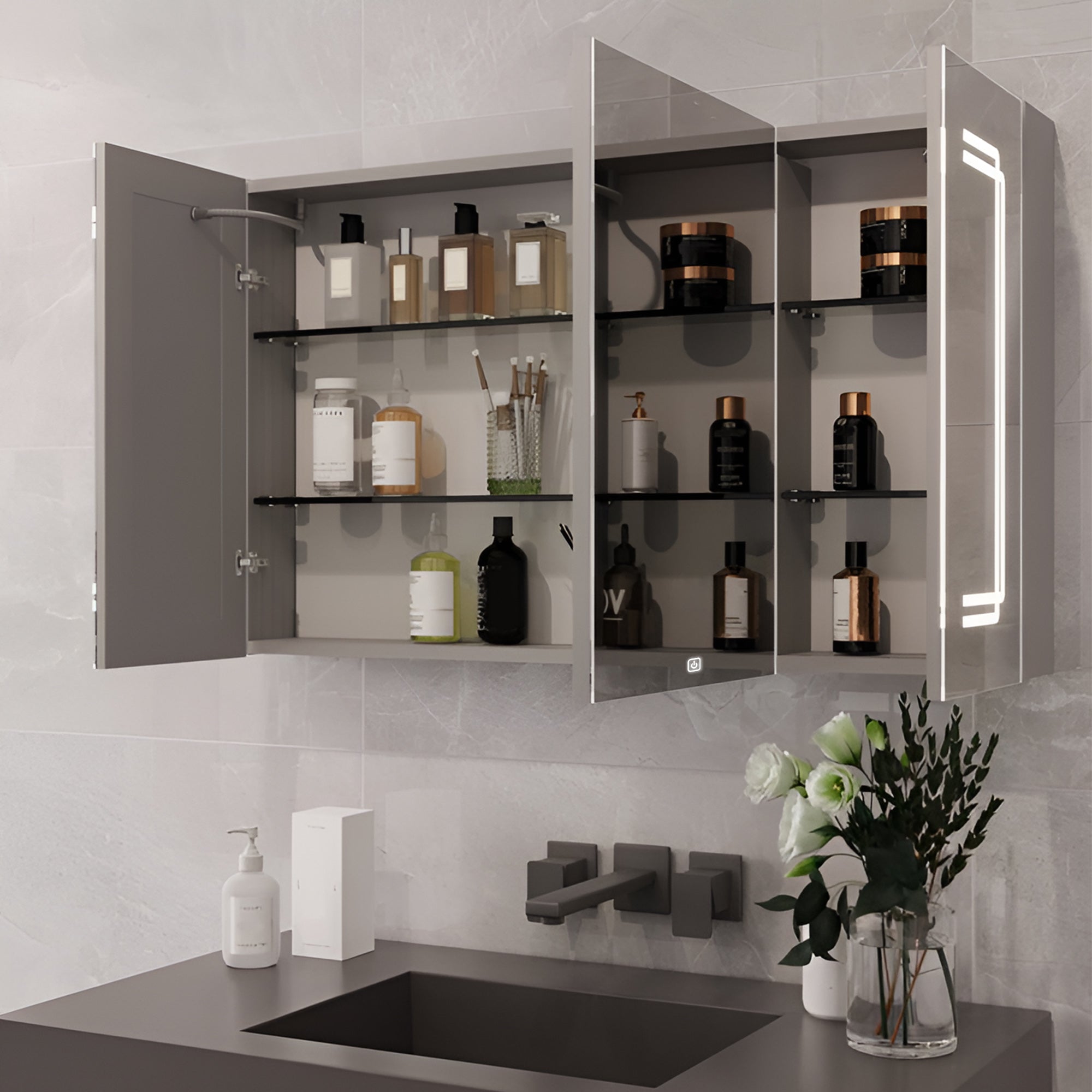 Geometric LED Light Mirror Cabinet with Soft Close Doors